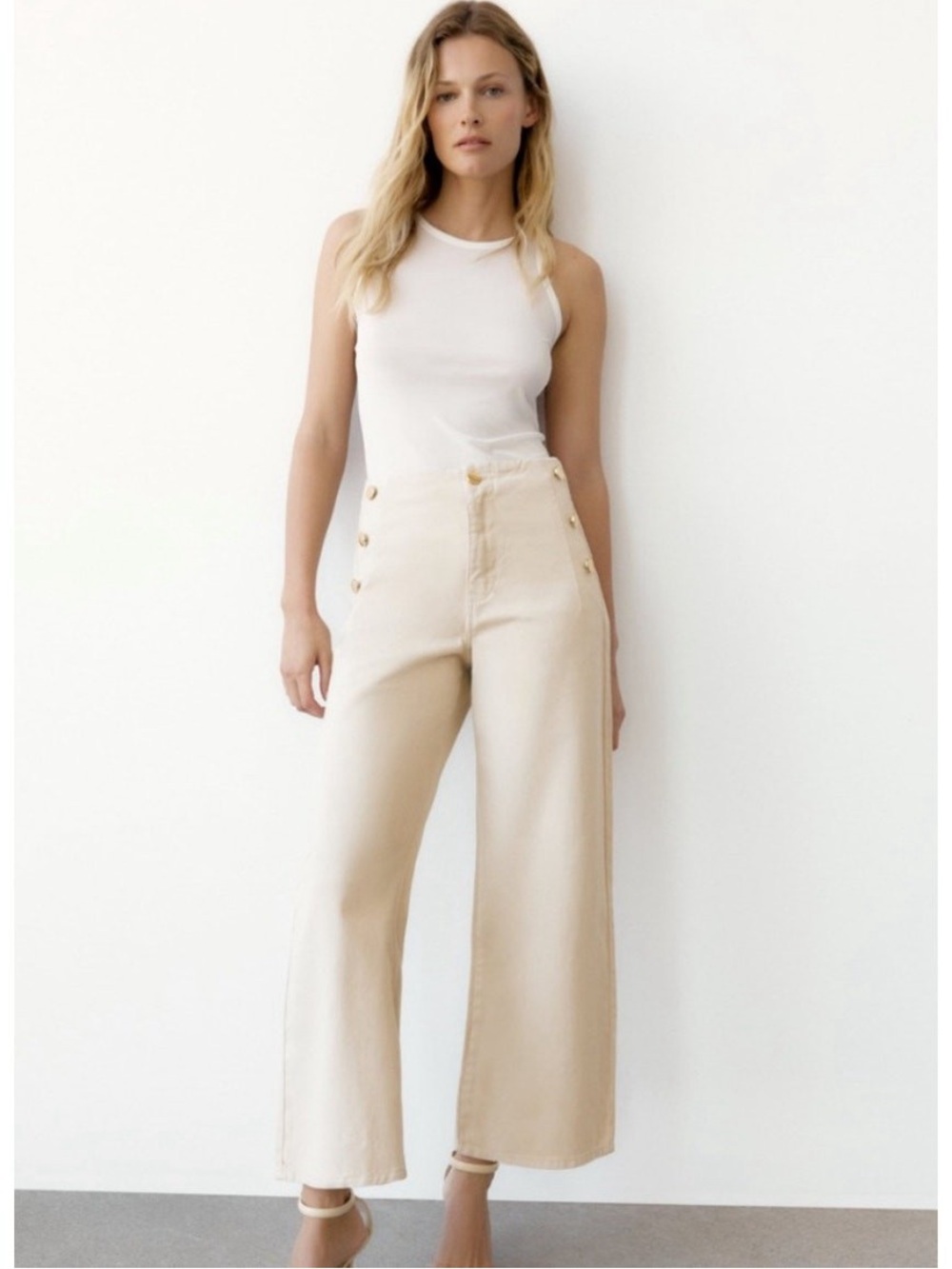 Zara Cream High-Waist Ankle-Cropped Wide-Leg Jeans